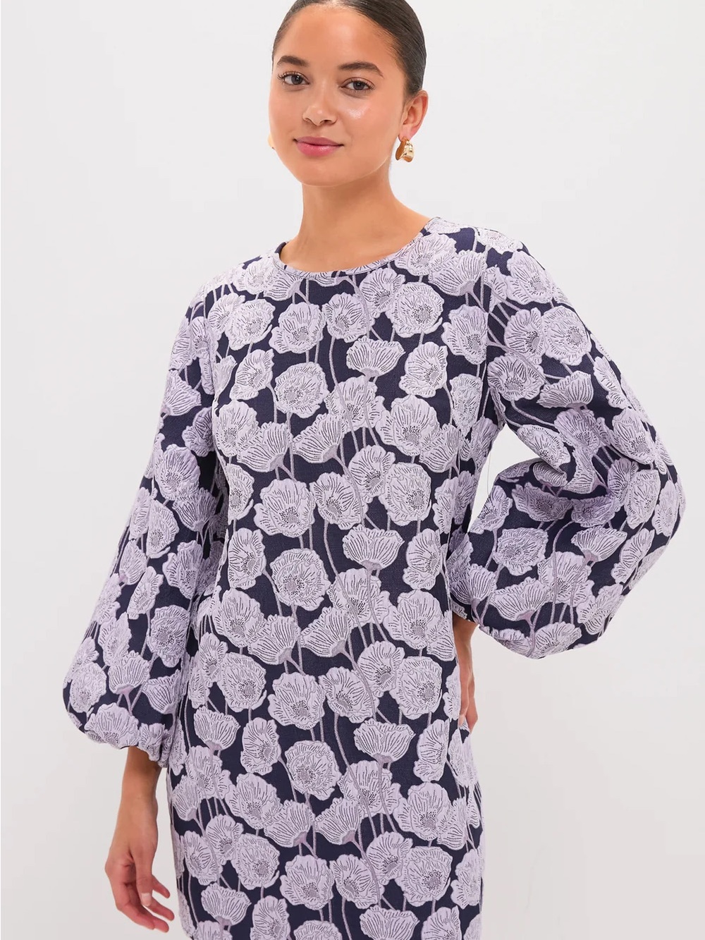 Tuckernuck Navy Dress with Lilac Floral Print and Balloon Sleeves